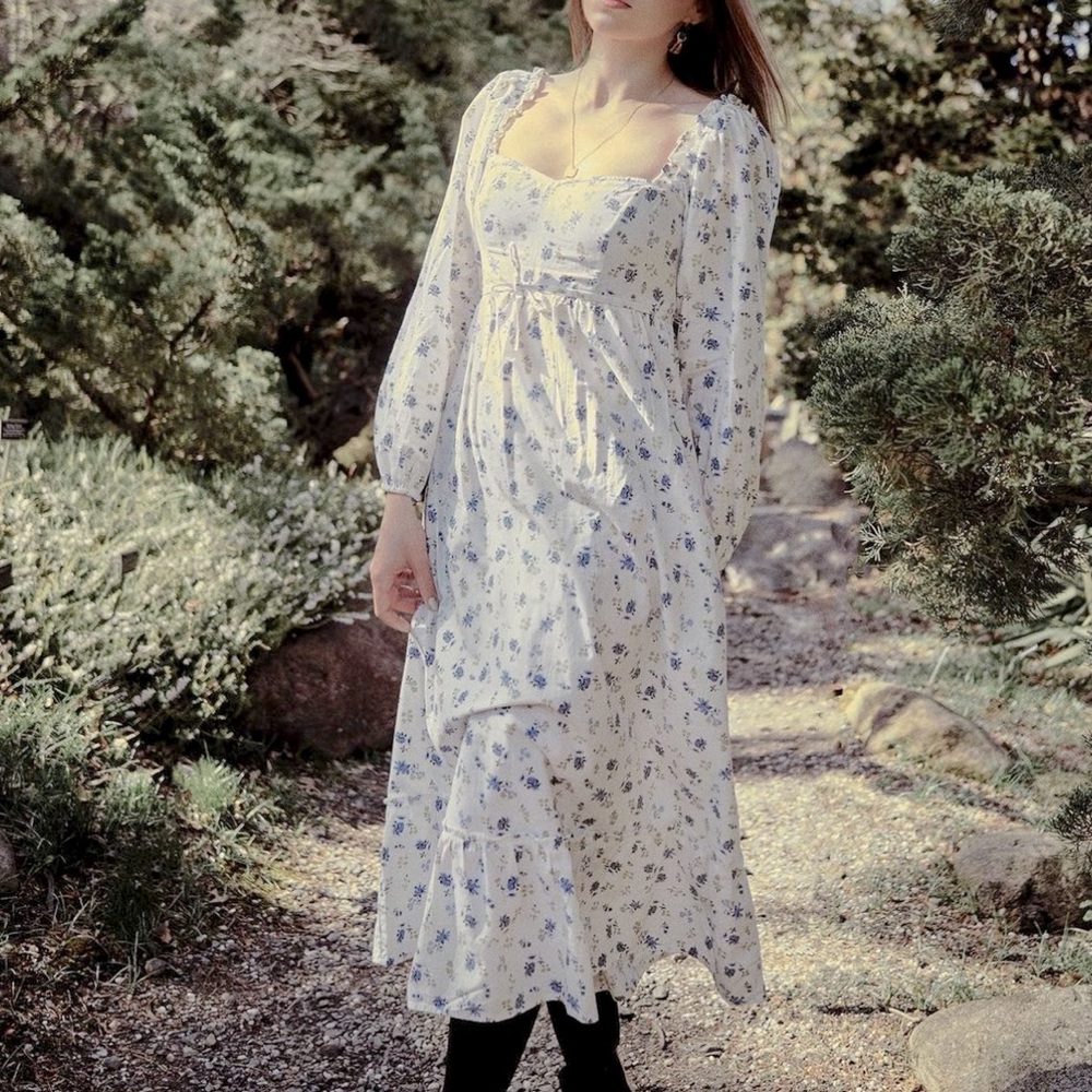 Miss Selfridge milkmaid white cotton midi dress ditsy blue florals